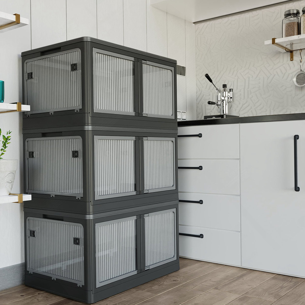 3-Pack Transparent Stackable Storage Bins with 5 Doors to Open with Wheels, Folding Plastic Craft Containers Large Closet Organizers Box